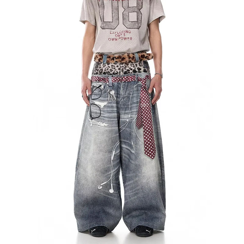 

KEQI Men Blue Jeans Y2k Gyaru Punk Oversize 3D Print Denim Pants Vintage Hiphop Grunge Baggy Denim Trousers Alternative Clothes