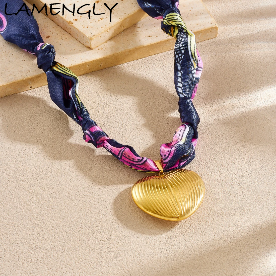 

LAMENGLY Creative Pattern Deep Blue Ribbon Simple Striped Heart Pendant Necklace Women 316L Stainless Steel Ethnic Style Jewelry
