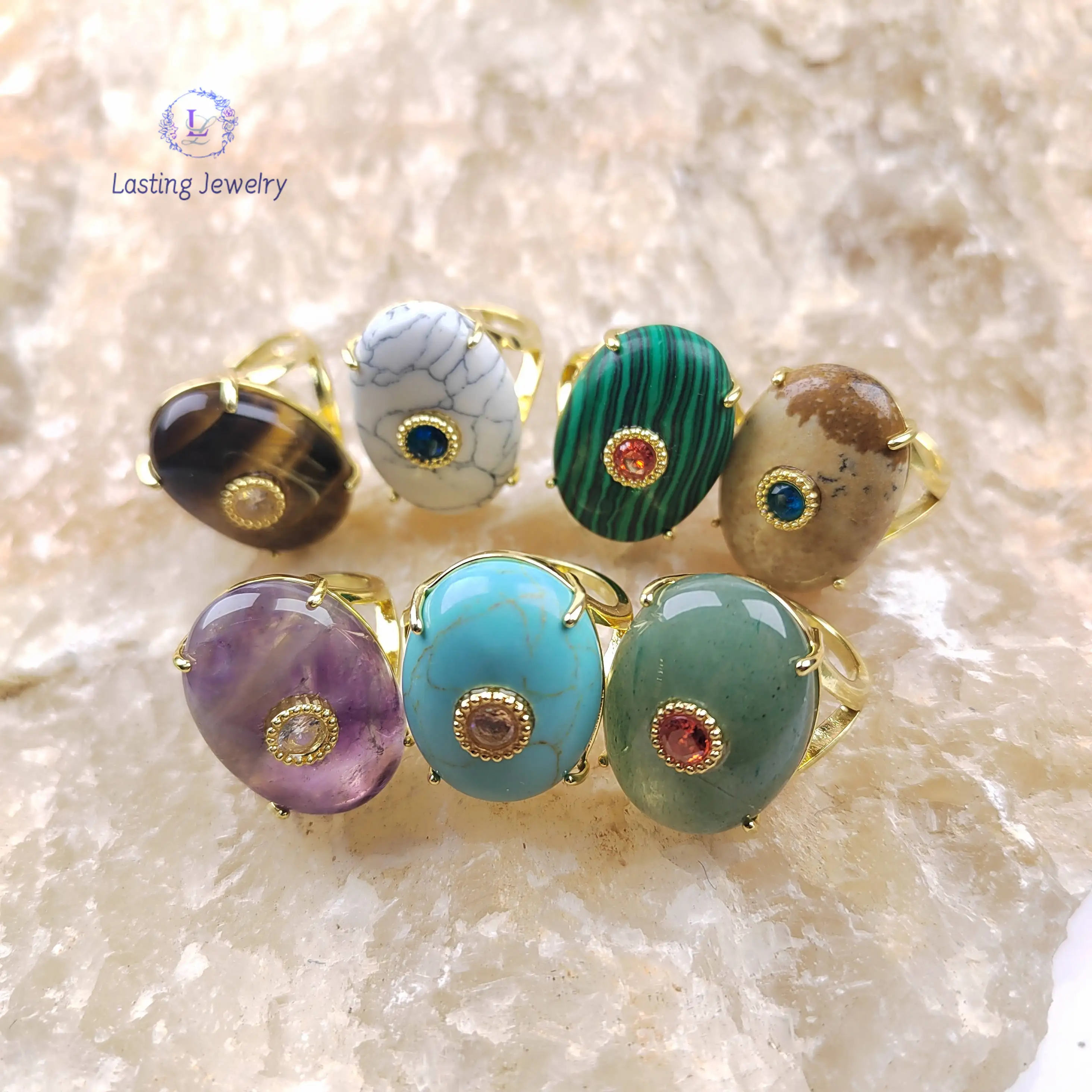 

Natural Stone Oval Cabochon With Inlaid Colored Zircon Adjustable Ring,Healing Energy Gems Amethyst Women's Party Finger Rings