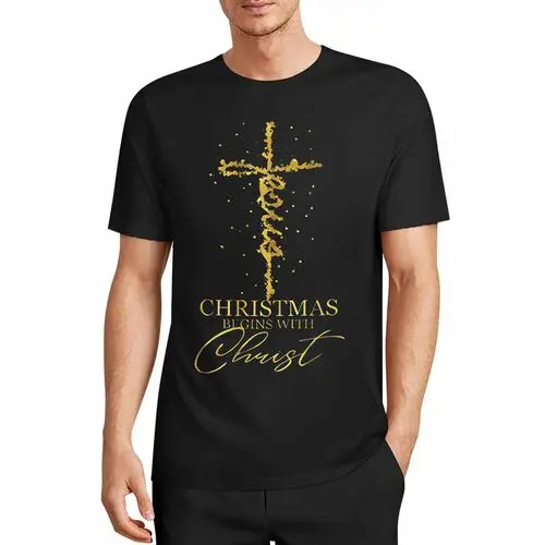 Christmas Begins with Christ's Golden Cross Starlight Black T-Shirt
