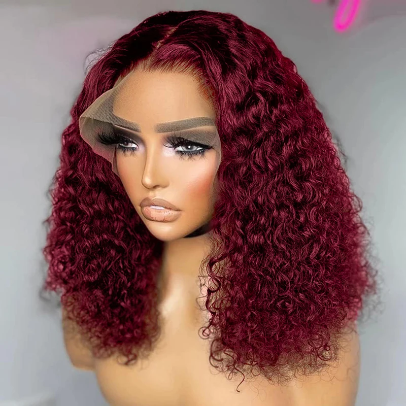 

Burgundy Deep Wave 13x4 Lace Frontal Bob Wig 200% Density 99J Colored Remy Water Wave Frontal Human Hair Wigs Pre Plucked Wigs