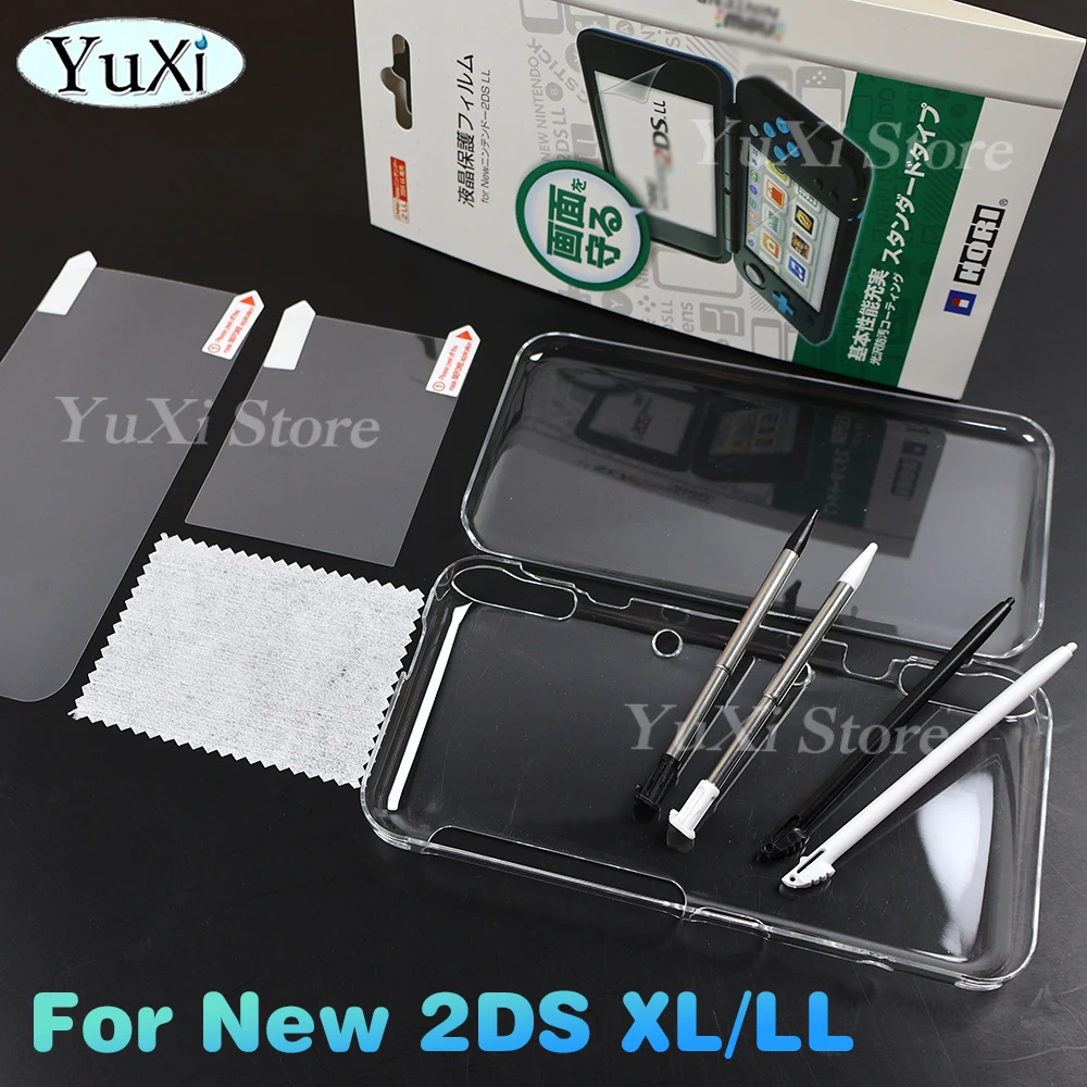 

For New 2DS XL LL Clear Crystal Protective Shell Case With Top Bottom Screen Film Stylus Pen Set Plastic Hard Shell Case Cover