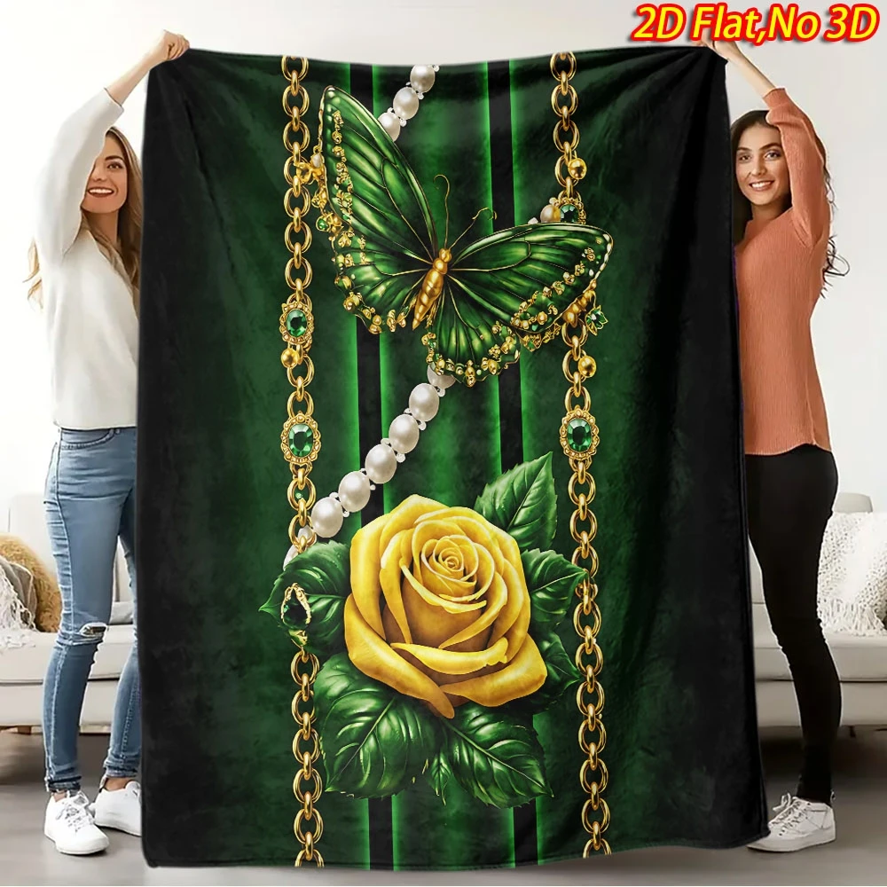 1pc 2D Flat Printing Spring & Summer New Arrival Emerald Green Base with Yellow Rose and Green Butterfly Jewelry Print Flannel B