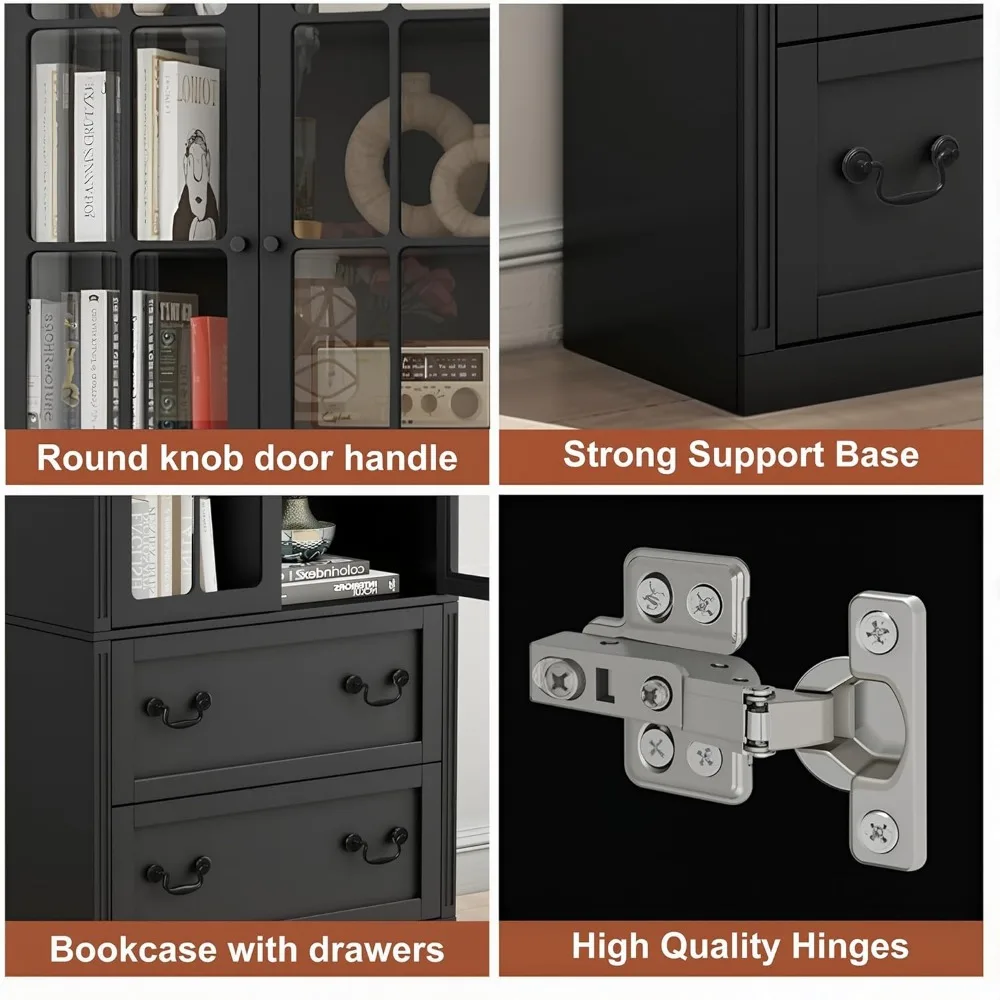 Estante alta elegante de 4 prateleiras com portas de vidro e gavetas de armazenamento para organização de grande capacidade