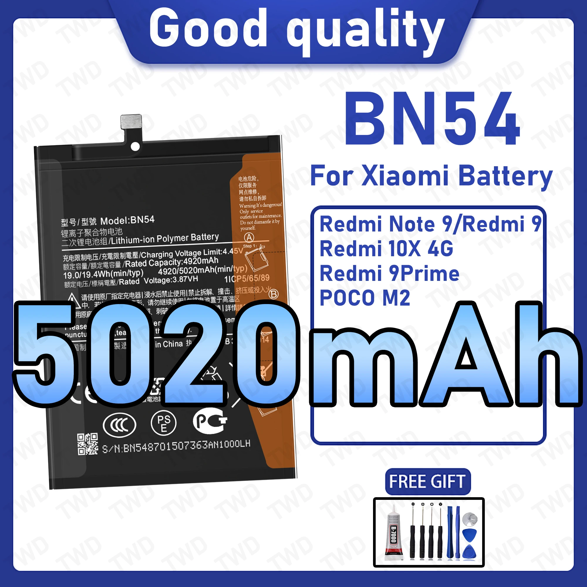 

BN54 Large capacity Battery For Xiaomi Redmi Note 9/Redmi 9/Redmi 10X 4G/Redmi 9 Prime Batteries New High Quanlity+Free Tools