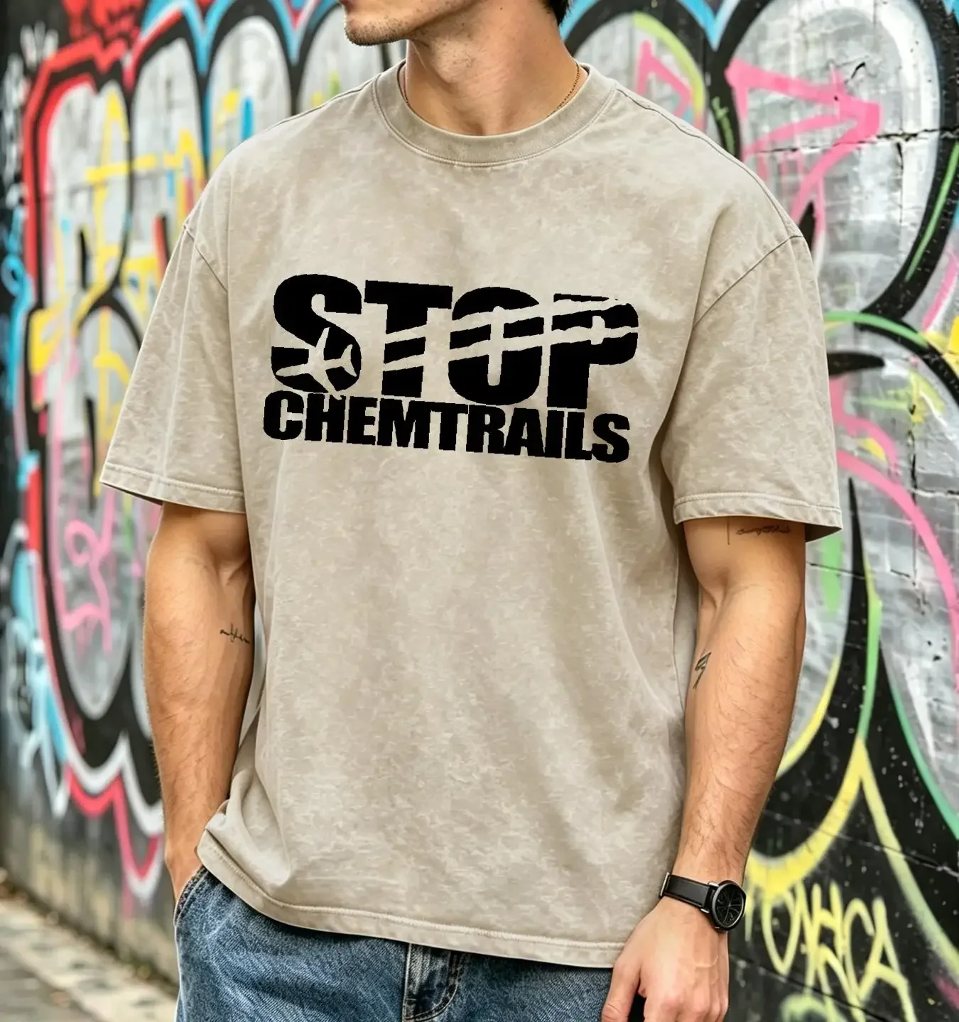 washed T Shirt Stop Chemtrails long sleeves vintage Washed Stylish designer clothes fashion Casual Breathable graphic Slightly