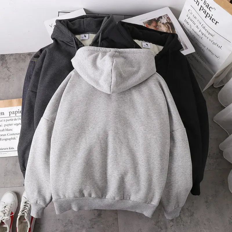 Warm Jacket Women Solid Hoodies Coat Autumn Winter Lamb Wool Fleece Loose Plus Sizes Thick Zipper Female Sweatshirt Grey Black