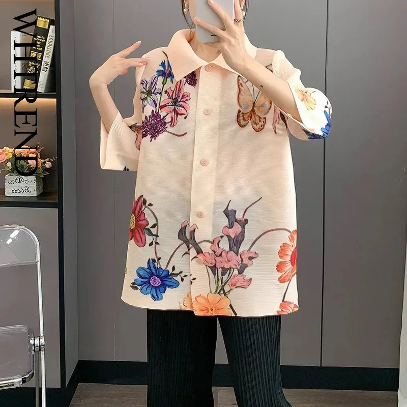 

WHTREND плиссированные рубашки с принтом, женские однобортные плиссированные рубашки с лацканами и цветочным принтом, женский элегантный топ, весенне-осенняя одежда WH1135