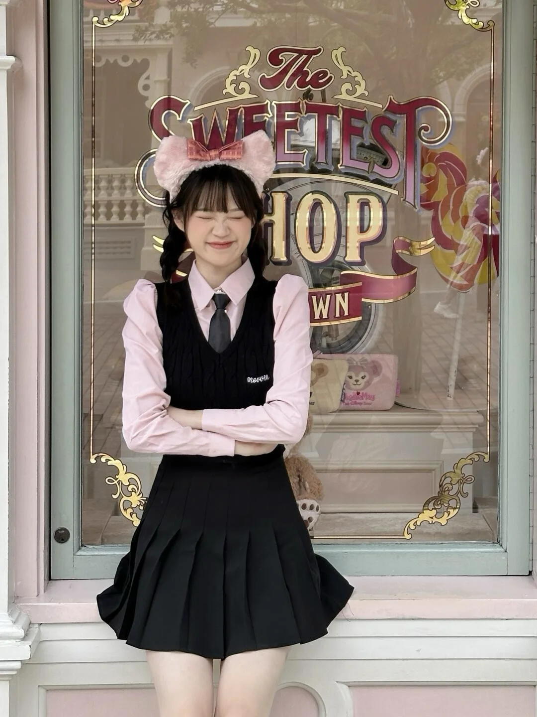 

Korean College Sle Plaid Vest Light Pink Long irt JK orm Skirt loween Outfit Set Women's Faion Ensemble