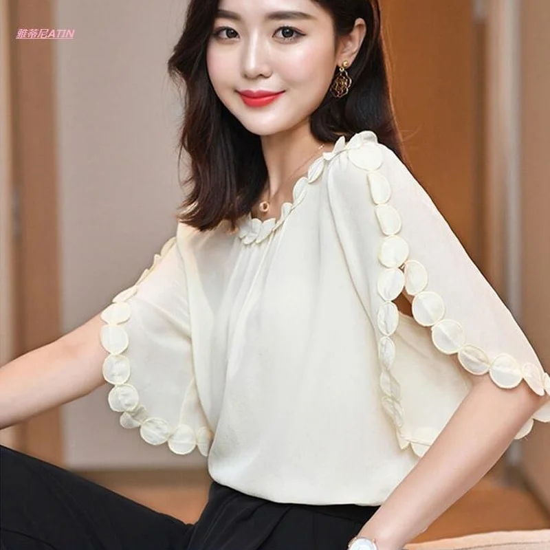 2023 New Oversized Womens Chiffon Blouses Summer O-Neck Solid Color Short Sleeve Chiffon Shirt Loose Female Tops Blusas De Mujer