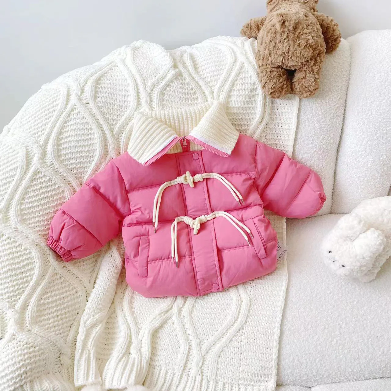 Sweet Rose Girls Cotton Jacket Winter Knitted Collar Patchwork Cotton Padded Coat Thick Warm Kids Outerwear