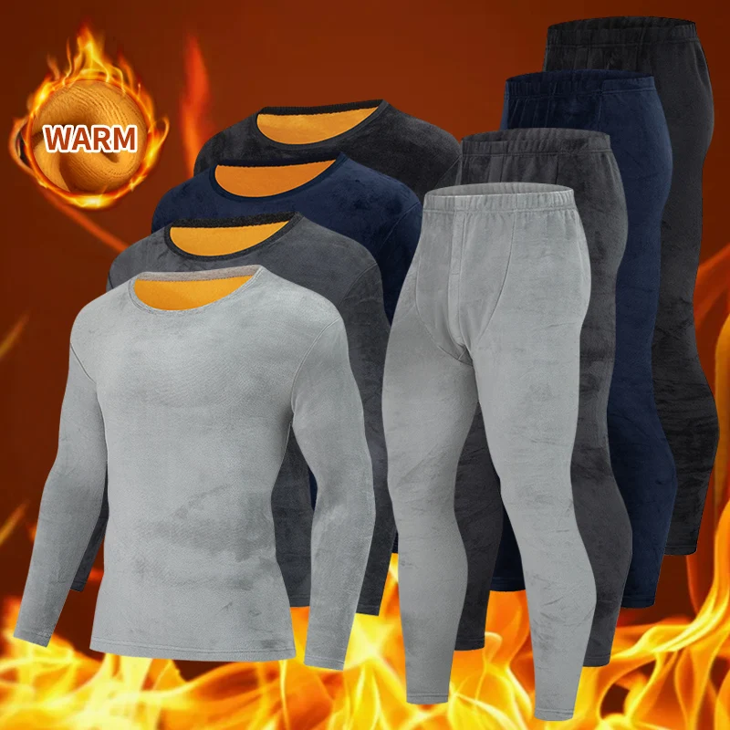 2-piece Autumn/Winter Men's Gold Velvet Thickened Warm Underwear Set Comfortable Double Sided Velvet - Can Be Worn Below Zero