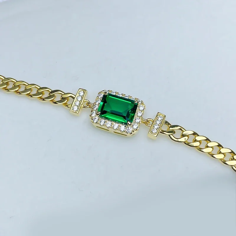 2 carat fashionable green Cuban bracelet s925 sterling silver summer new ins niche design gold-plated wedding jewelry image 6