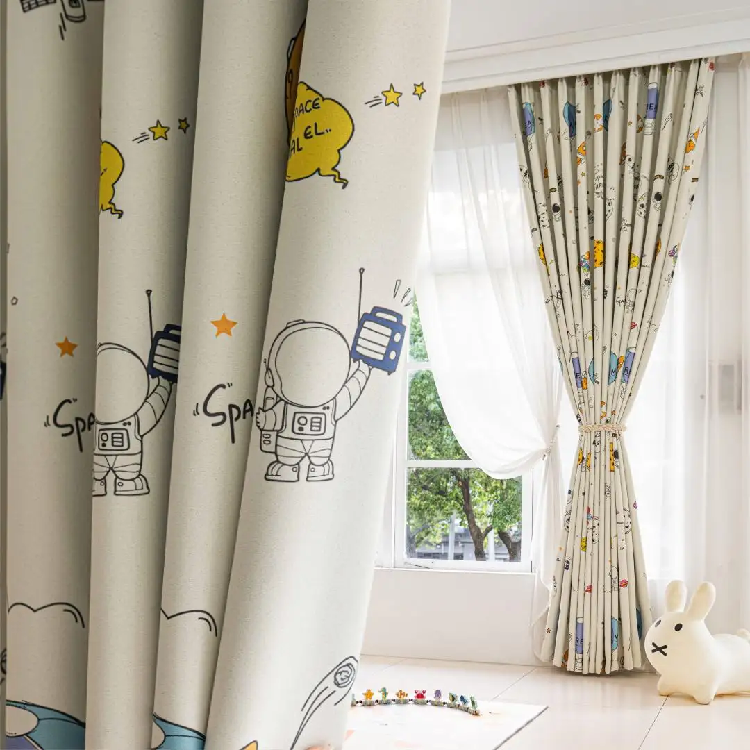 1 Stück Moderner Cartoon-Vorhang mit Hochdichtem Druck, Astronauten-Muster, Lichtblockierend und Isolierend, Ideal für Kinderzimmer, Wohnzimmer und Schlafzimmer