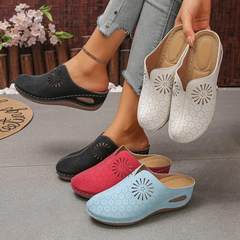 

Летние крутые тапочки Baotou в этническом стиле, универсальные полутапочки на танкетке с полой удобной мягкой подошвой