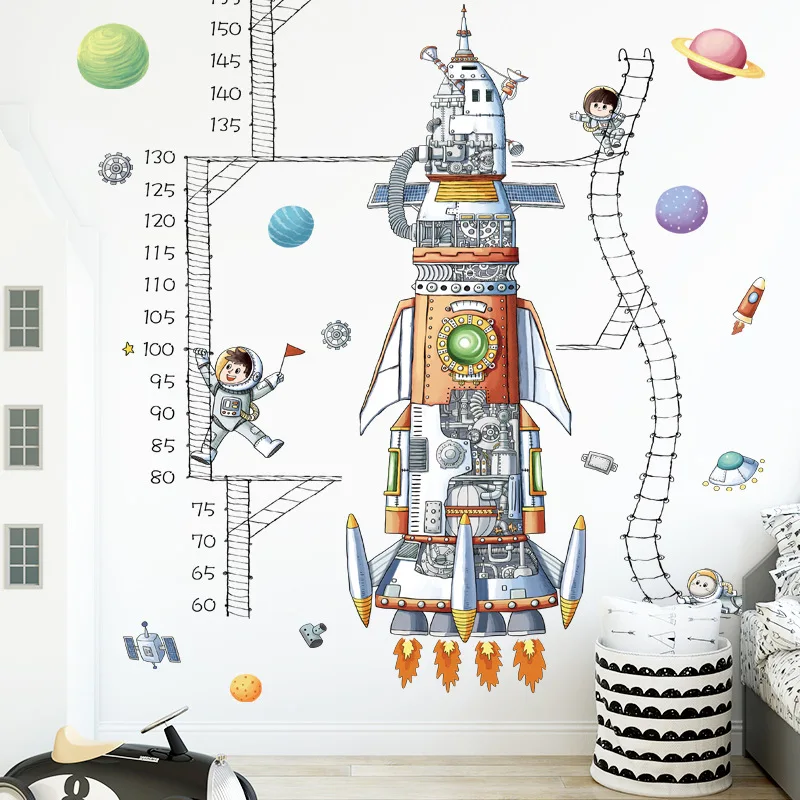 Spaceship Astronauts Measure Height Ruler Early Education Layout Height Sticker Children\'s Room Kindergarten Decor Wall Stickers