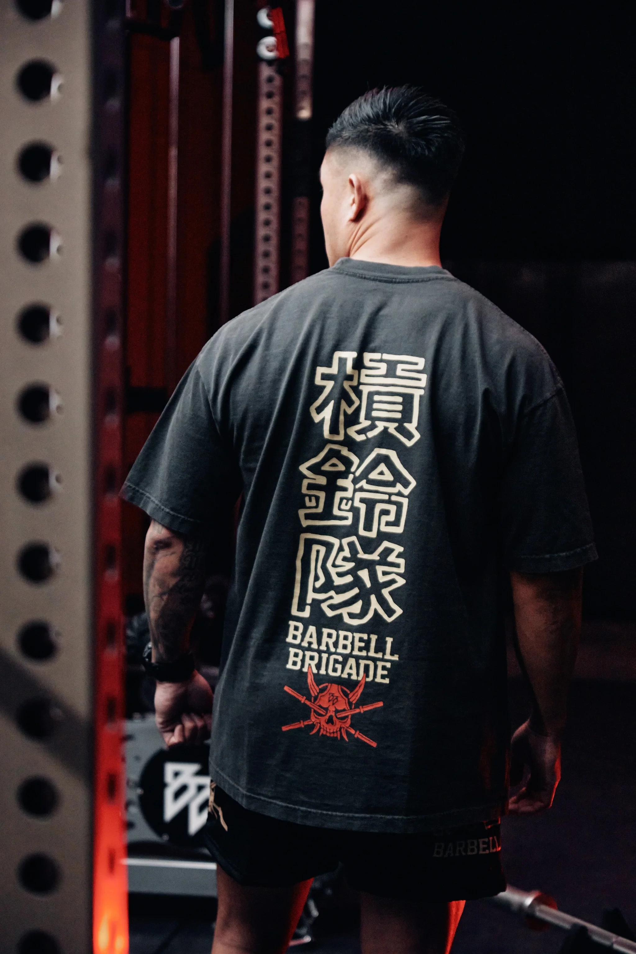 BARBELL BRIGADE BRONZE & RED ON VINTAGE BLACK Washed Tee Sports Short Sleeved T-shirt Men Loose Fitness Running Training Shirts