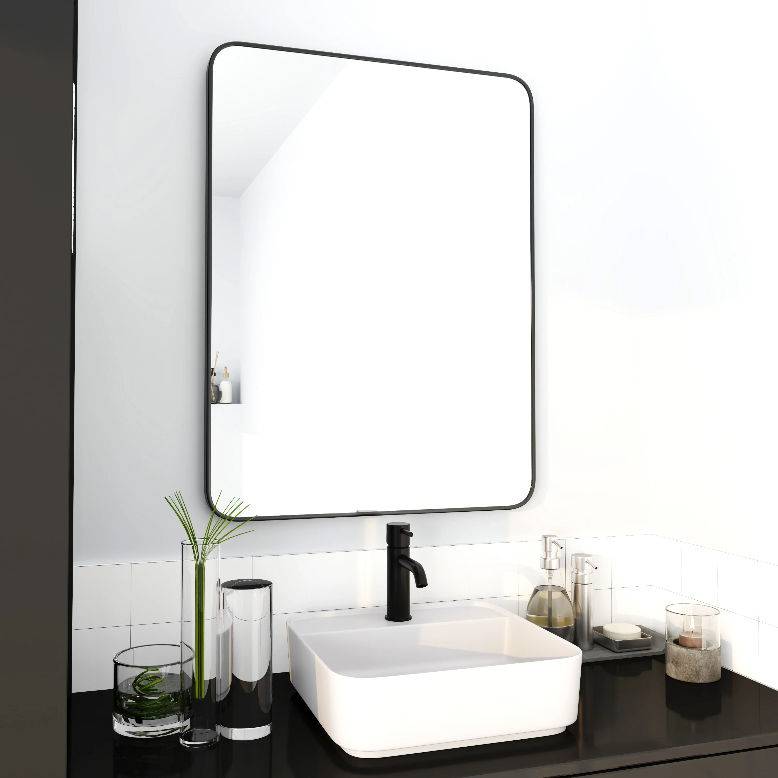 Black Framed Bathroom Mirror for Wall, Rounded Corner Rectangle Vanity Mirror, Hangs Horizontally or Vertically 24