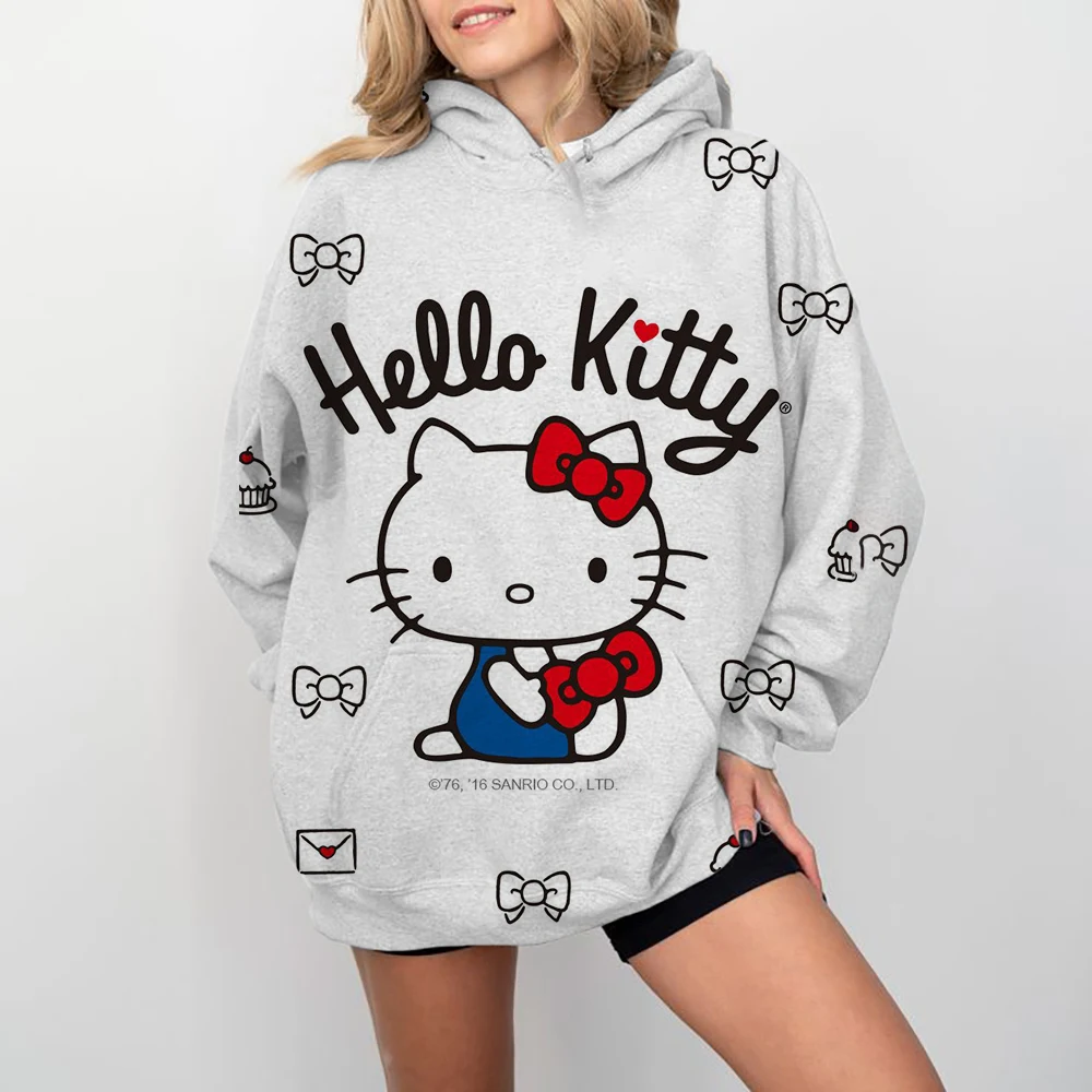 Women Y2K Hoodies Harajuku Hello Kitty Print Loose Sweatshirt Trousers Hip Hop Punk Long Sleeve Pocket Sweatpant Streetwear Tops