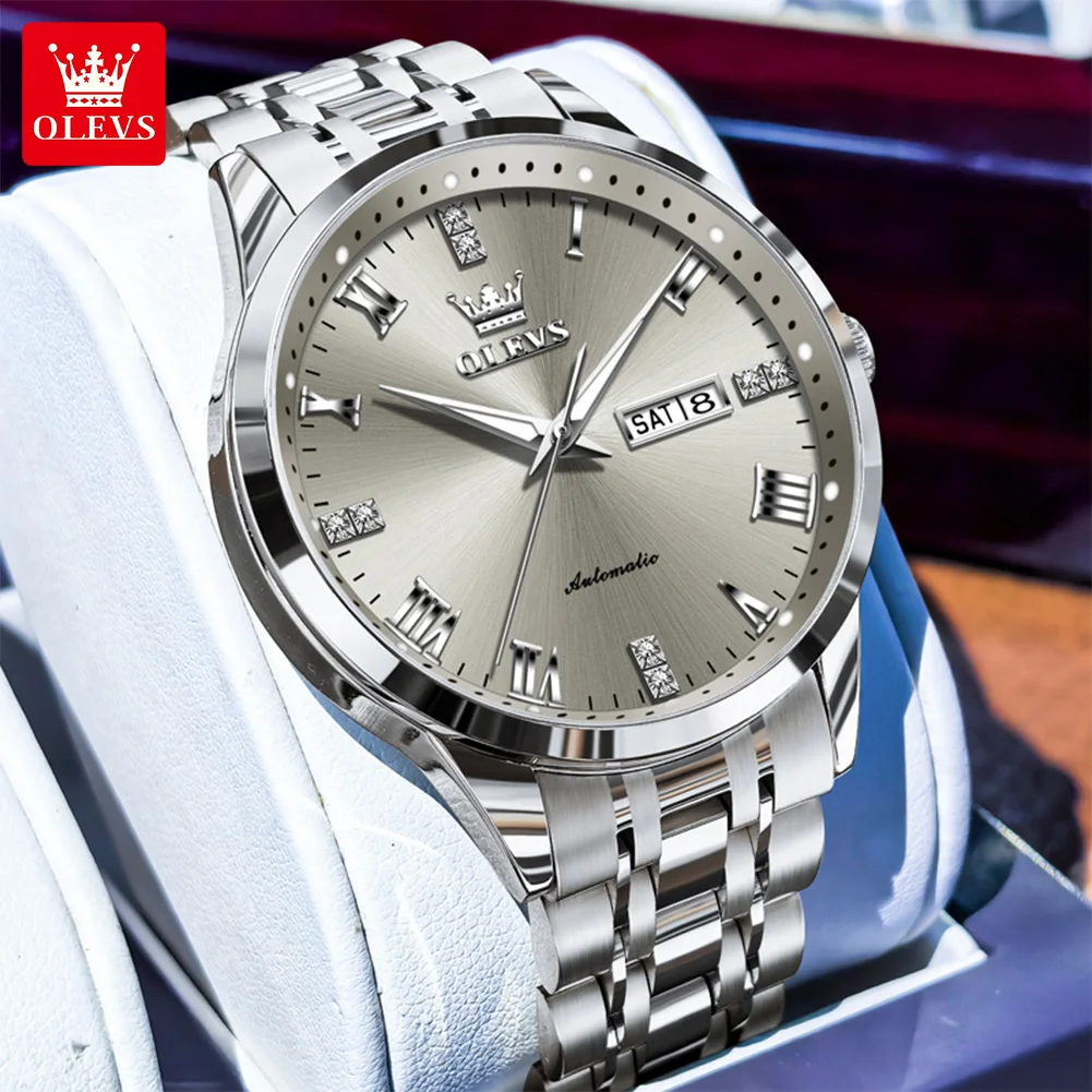 

OLEVS Деловые мужские часы Модные автоматические механические часы из нержавеющей стали Водонепроницаемые светящиеся часы с датой недели Роскошные мужские часы