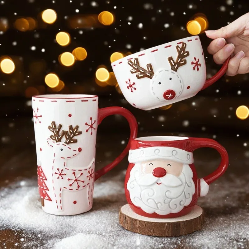 

Christmas Creative Ceramic Mug Santa Claus Elk Embossed Coffee Cup Breakfast oatmeal Milk cups Home Water Cup Christmas Gift Mug