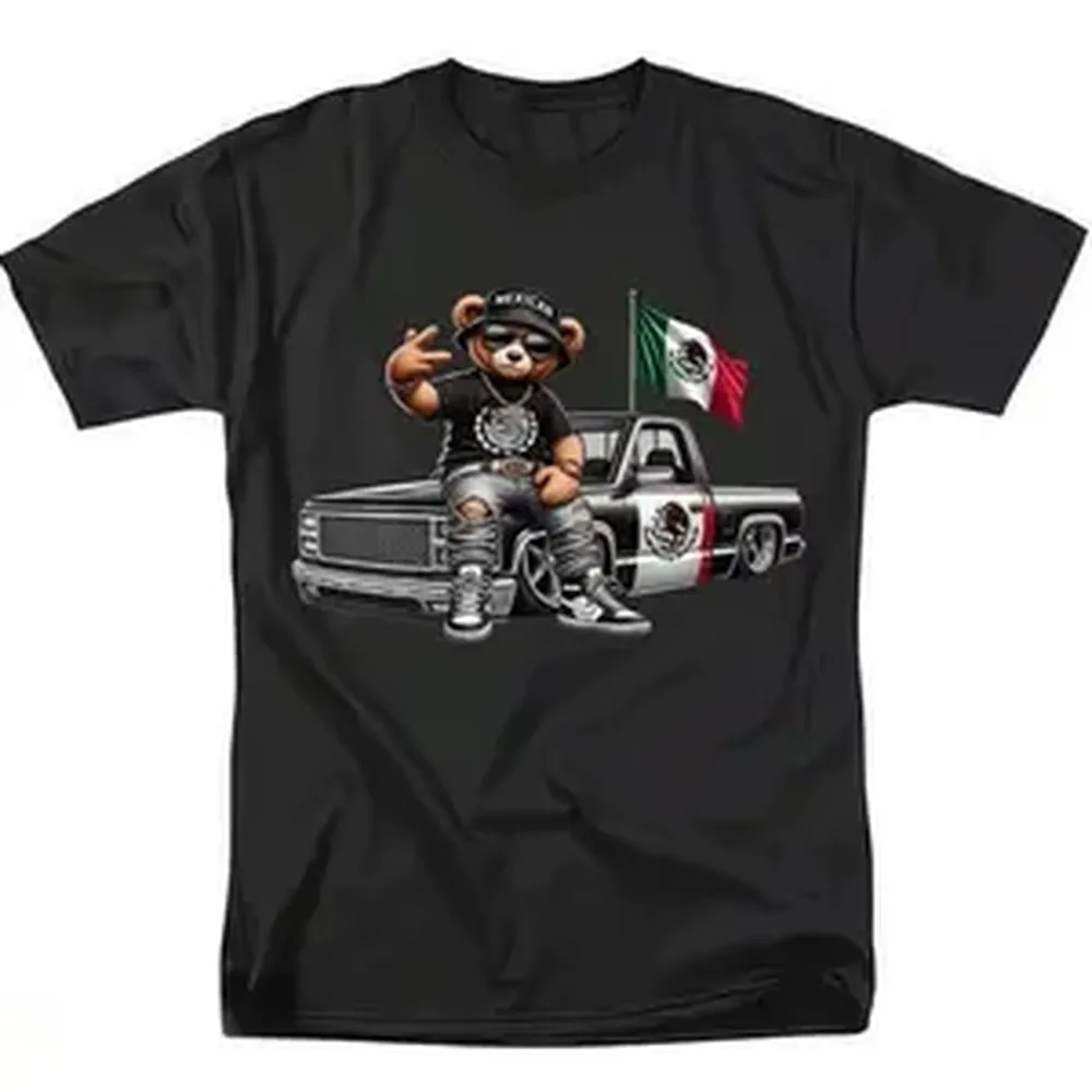 Cotton Mens Fashionable Crew Neck T-Shirt - Comfortable Fit, Slight Stretch, PatternedPrint Mexican Bear with Truck and Flag Tee Stand Out,Streetwear Black