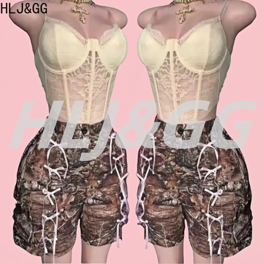 

HLJ&GG Sexy Lace See Though Corset Two Piece Set Women V Neck Spaghetti Strap Crop Top And Camouflage Bow Bandage Shorts Outfits