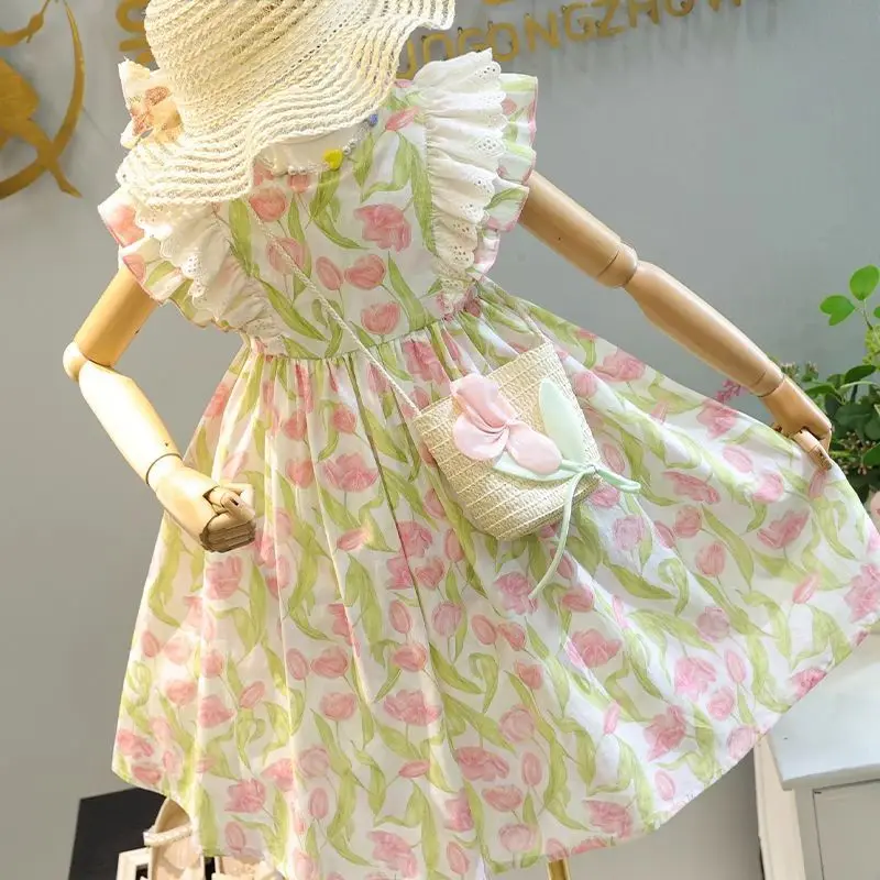 

2026 Girls Summer Sleeveless Suspender Dress Summer Party Kids Beach Long Chiffon Dresses Chinese Floral Print Skirt 4-12 Years