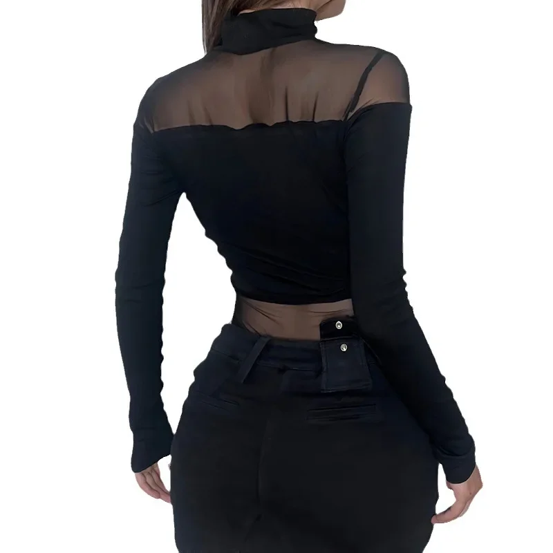 Sexy Hollow Out Black Bodysuit Women Solid Full Sleeve See Through Mesh Patchwork Bodycon Jumpsuit Fall Clubwear Outfits