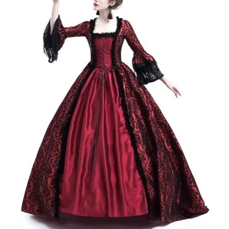 Женское винтажное средневековое готическое платье с квадратным вырезом и расклешенными рукавами, кружевное лоскутное платье макси, облегающее платье, платья @ 0Z *