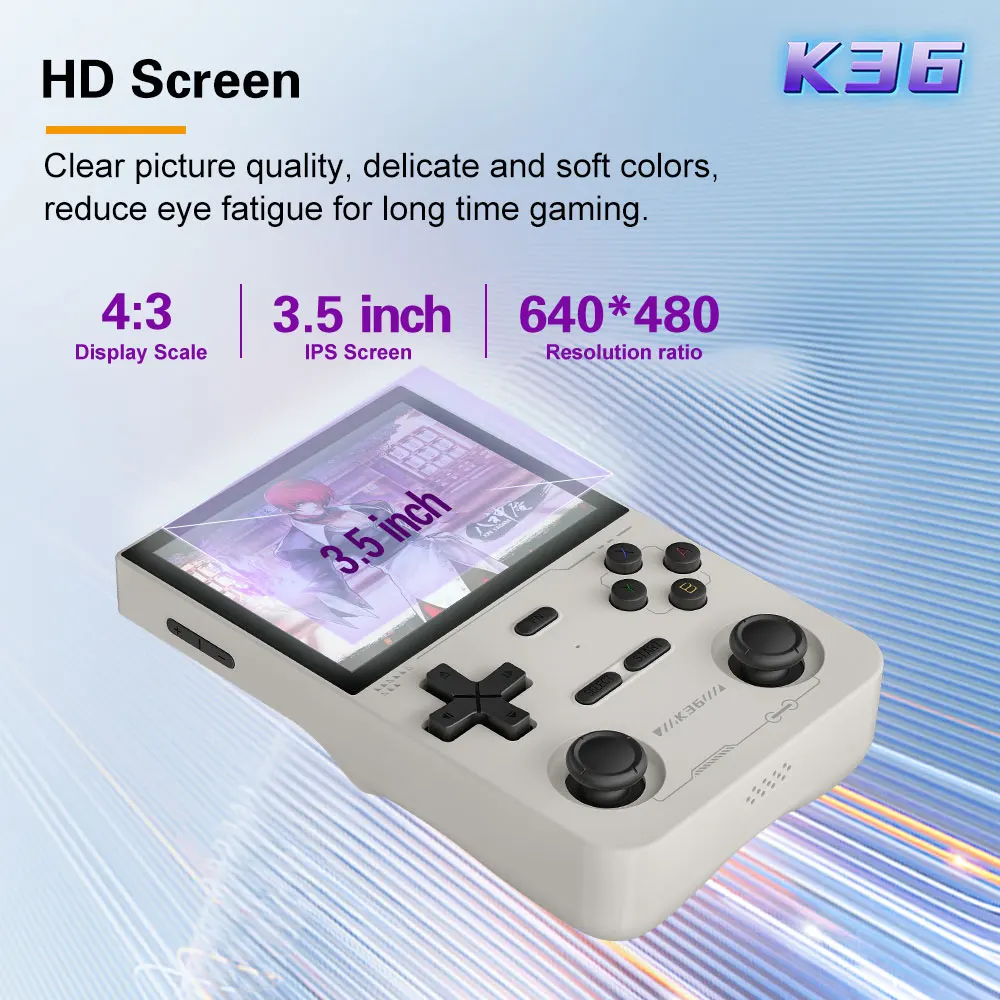 K36 Game Console Retro Handheld Video RK3326 Linux OS 3.5 inch 640*480 IPS Screen 64GB TF card 16000+ Games rechargeable Battery