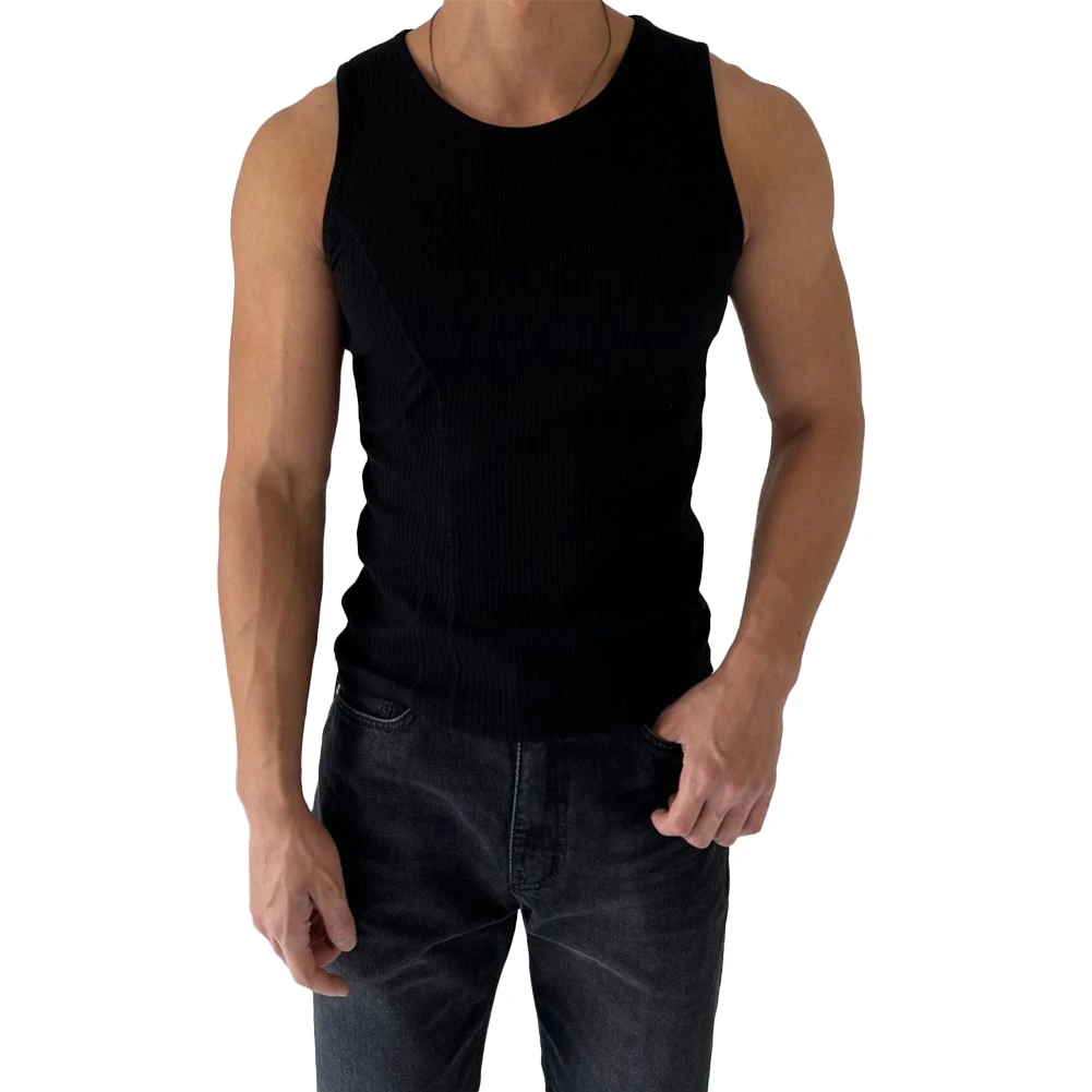 Comfy Fashion Men Vest Top O-Neck Ribbed Sleeveless Solid Sports Tank Top Activewear Top Bodybuilding Vertical Casual