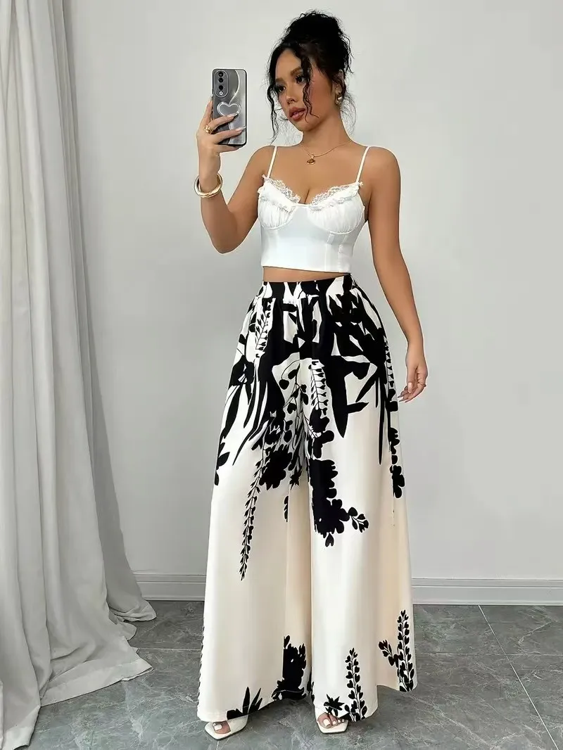 2025 women's fashion printed lace up waist slimming casual pants for women