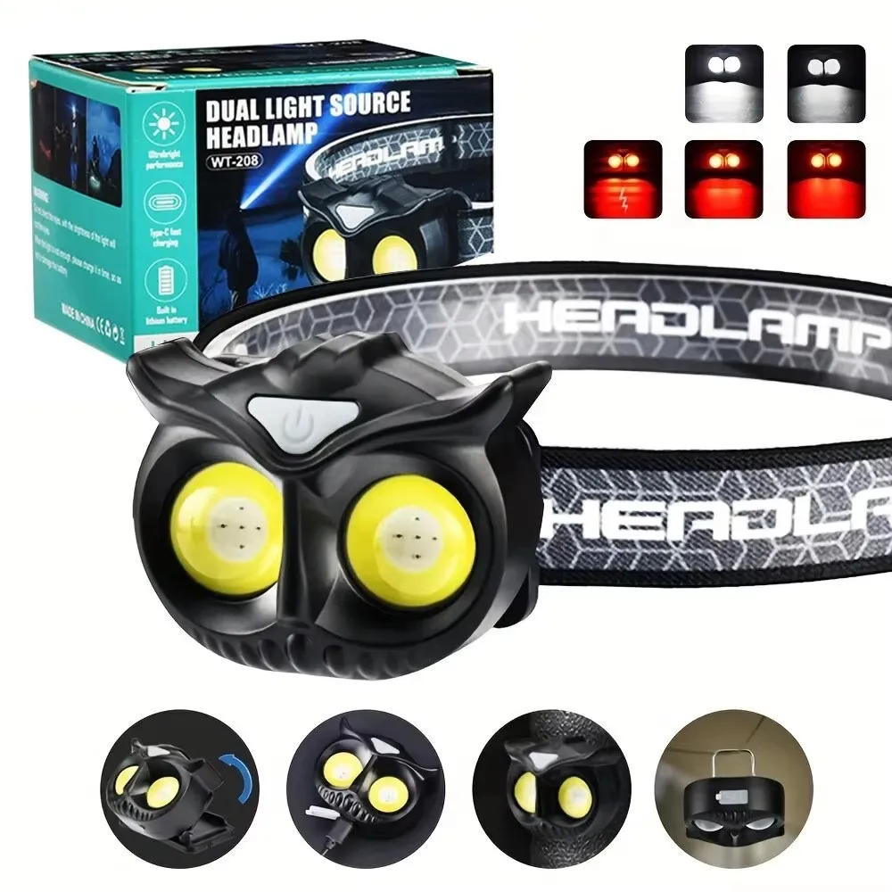 

COB Owl Headlamp Waterproof USB Rechargeable Headlight with Hook and Magnetic for Adults Children Running Fishing Riding Camping
