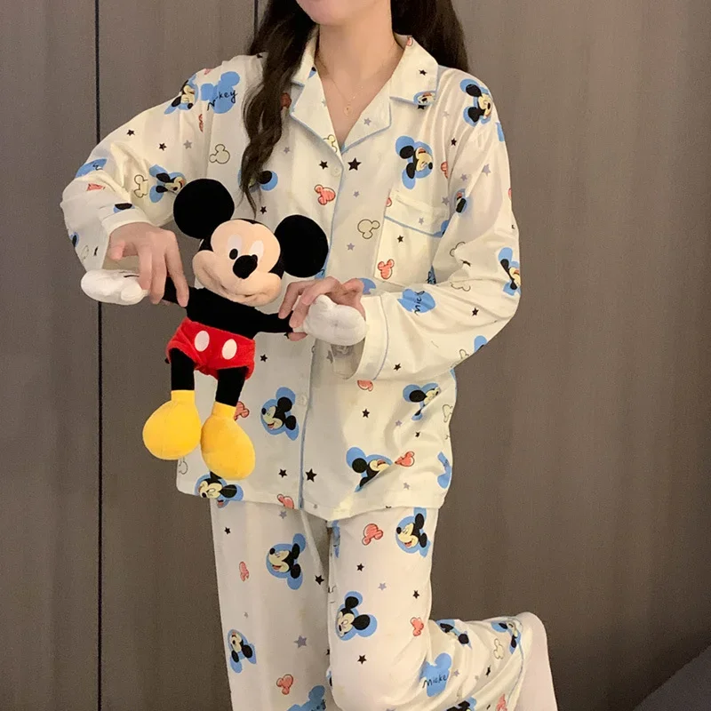 Disney Mickey autumn new pajamas women\'s long sleeves can be worn outside cartoon cute and comfortable pure cotton loungewear