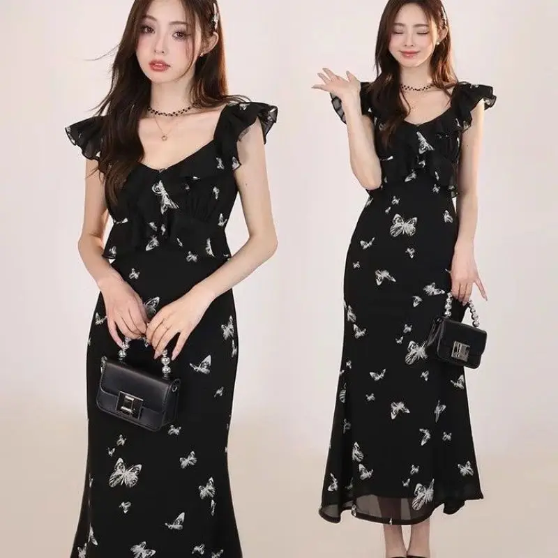 

Vintage Black Midi Dress Women Slim Print Bow Chiffon Ruffles Dress Even Party Y2k Elegant Office Lady Beach Boho Summer 2024