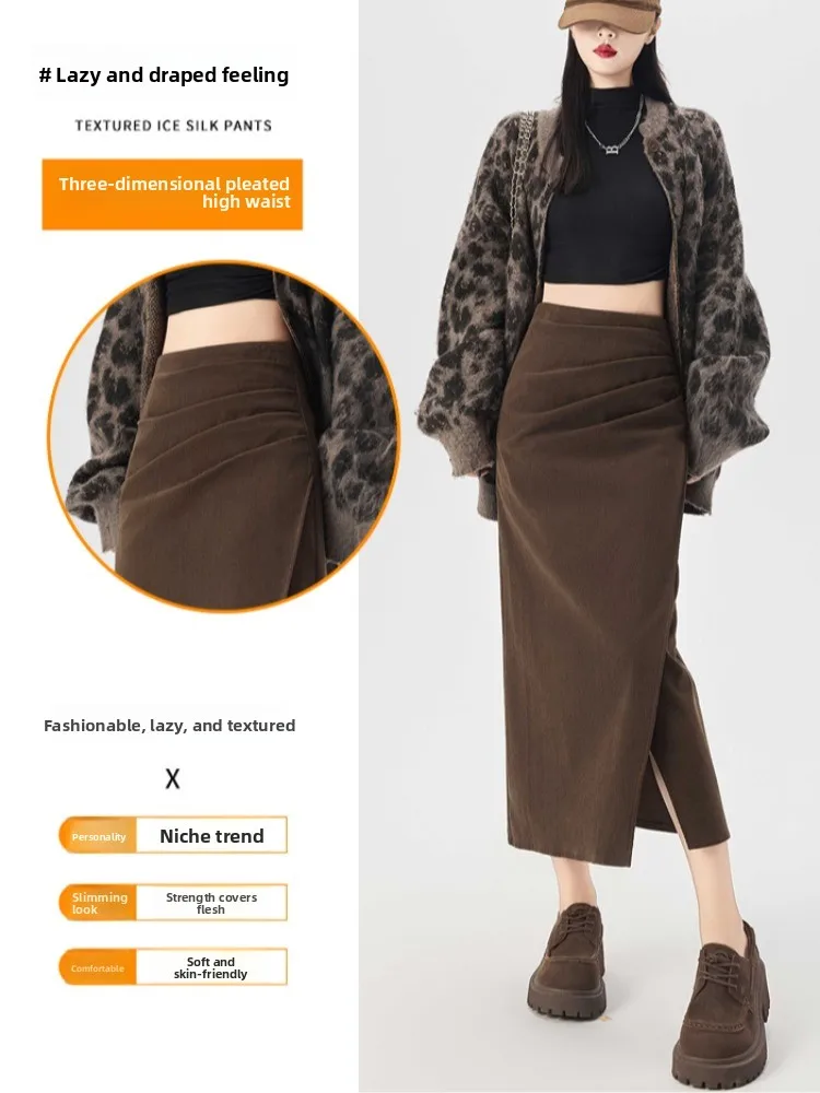 Retro veludo assimétrico cintura alta a linha divisão saia feminina outono inverno plissado envoltório corpo saia longa coreano sle