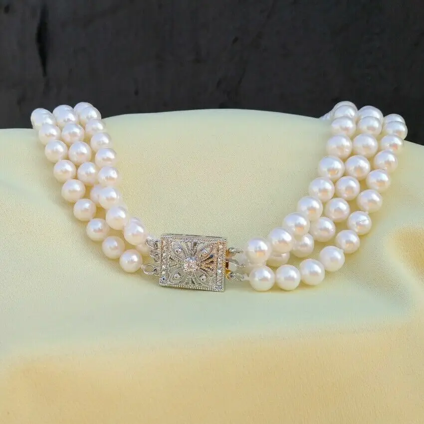 Classic 3-strand natural 8-9mm circular South China Sea white pearl necklace 18 inches 19 inches 20inch