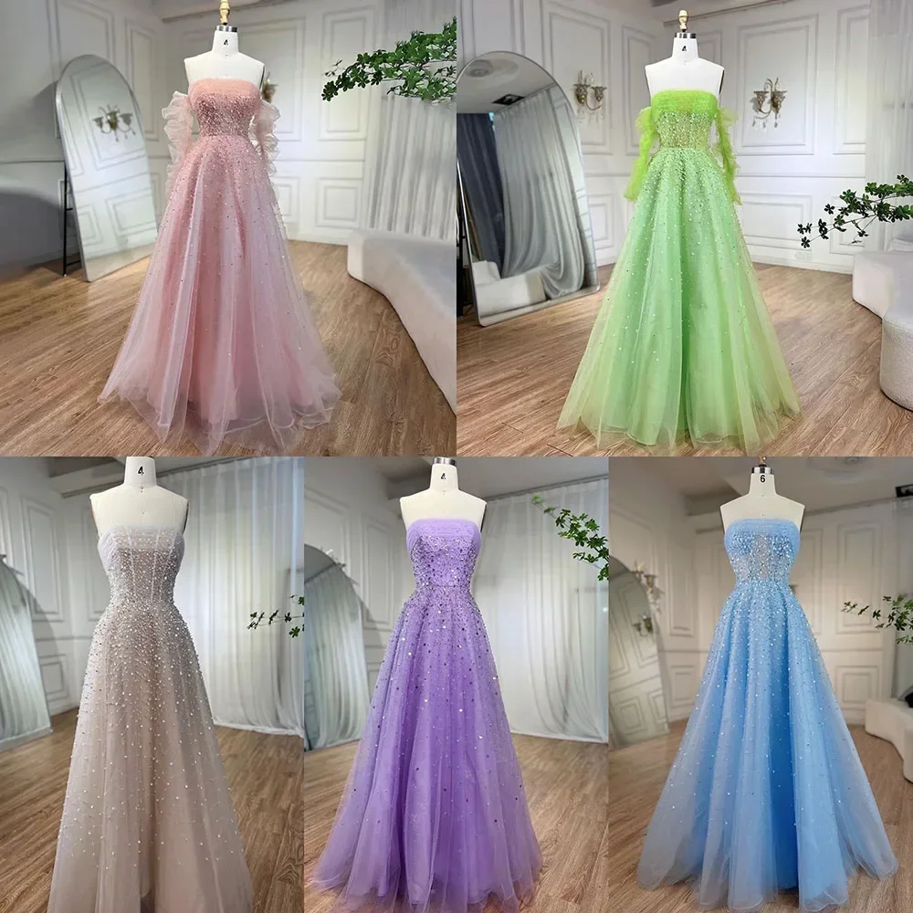 SILIWEYA Pearls Strpless Prom Dress Beige Beaded Elegant A Line Long Evening Dresses Gowns for Women Wedding Party 2024