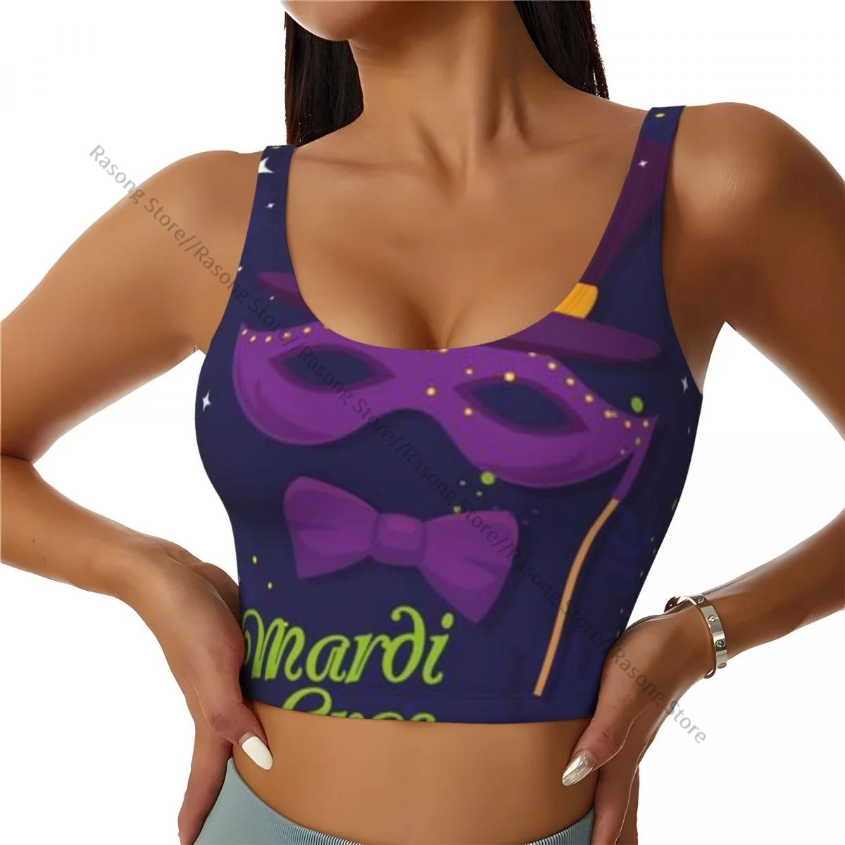 Women Sexy Sports Vest Mardi Gras Mask Bowtie And Hat Design Female Streetwear Sport Lingerie Tee Crop Top