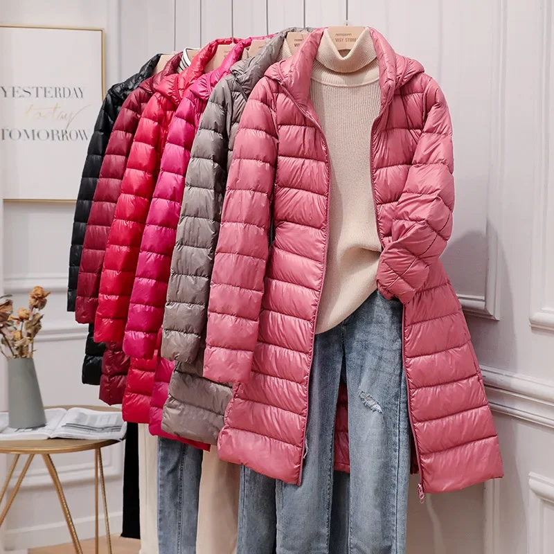 Parka justa com capuz para mulheres, casacos na moda, jaquetas longas, casaco fino claro, jaqueta puffer coreana, inverno 2021