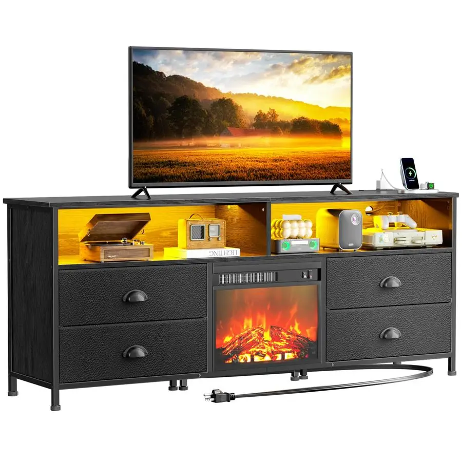 

Fireplace TV Stand with 4 Drawers for 55 60 inch TVs, 53 Entertainment Center with LED Lights and Power Outlets, Media Console T