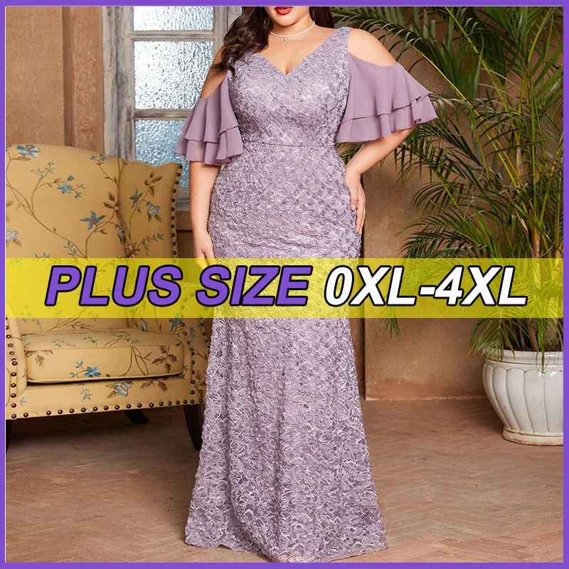 

Plus Size V-Neck Romantic Three-dimensional Lace Patchwork Chiffon Multi-layer Off-the-shoulder Sleeve Fishtail Slim Dress