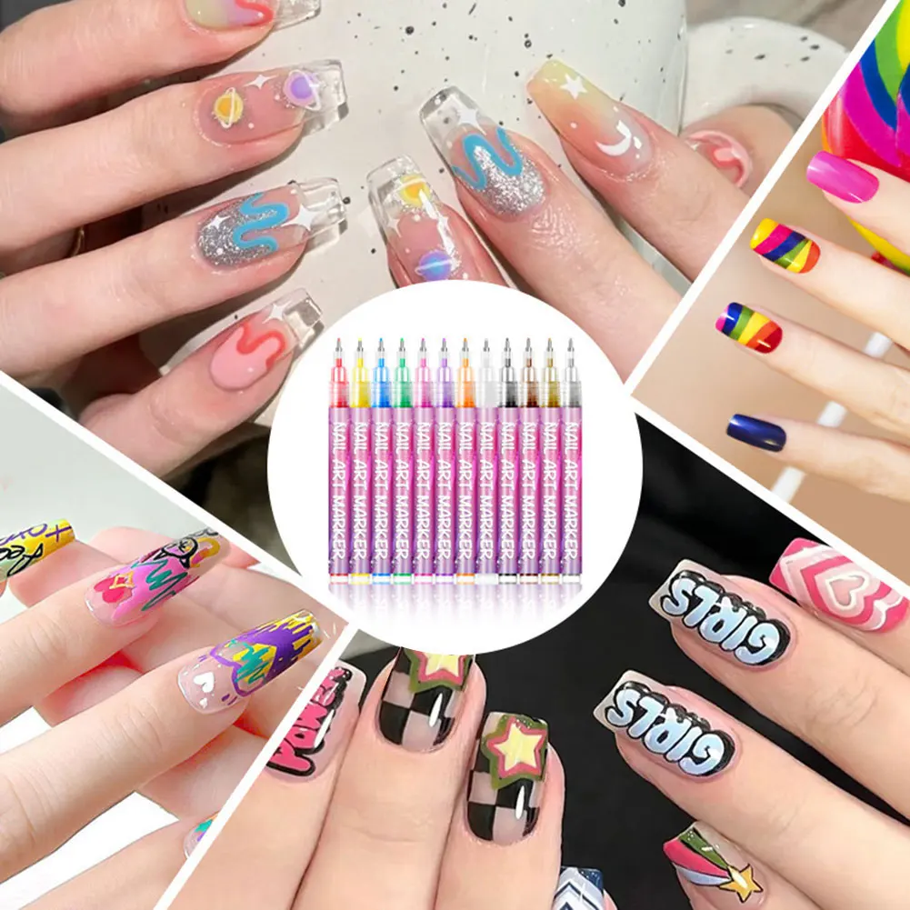 

12pcs Nail Art Polish Pens Quick Drying Waterproof DIY 0.5mm Acrylic Paint Drawing Pen For Wearable Nail Art Design Supplies