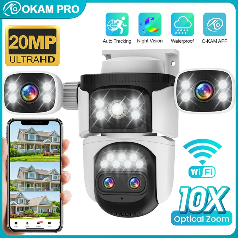 

OKAM PRO HD 20MP Four-Lens WiFi IP Camera Outdoor IP66 Waterproof 10X Zoom Camera Color Night Vision Two-Way Intercom PTZ CCTV