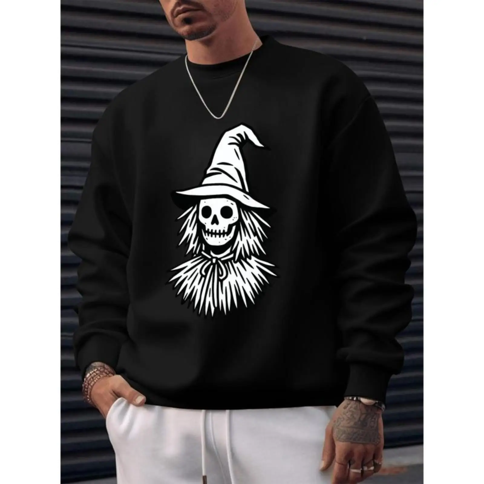 

Halloween Sweatshirt Men Women Skull Witch Hat Graphic Jumper Gothic Streetwear Halloween Party Outfit Spooky Crewneck Pullover
