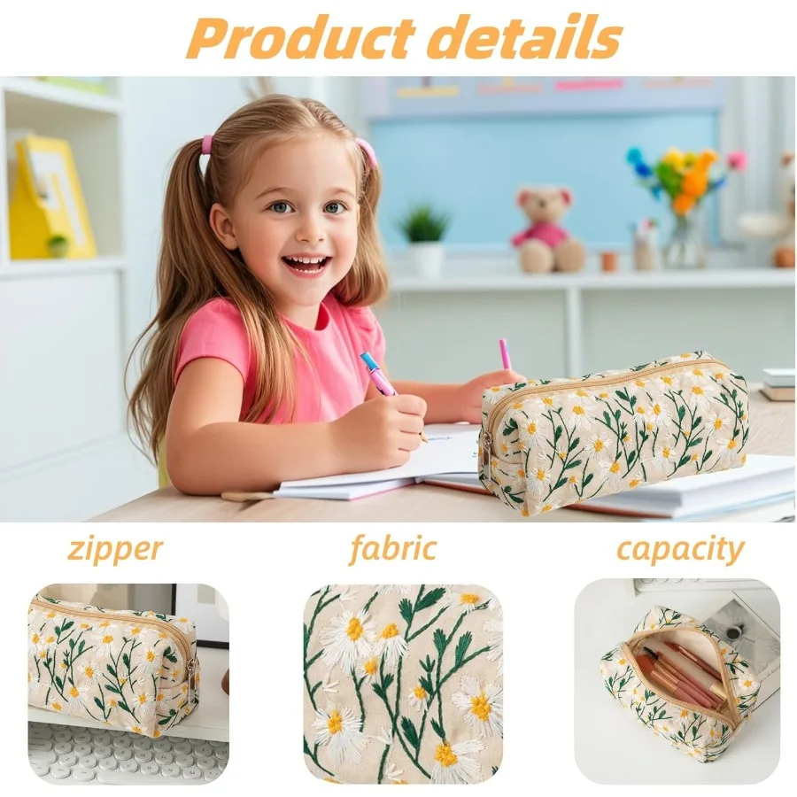 حقيبة أقلام رصاص جمالية لطيفة مع سحاب للفتيات - لوازم مدرسية بتصميم زهور الأقحوان وحقيبة مكياج مثالية للفصول الدراسية #4