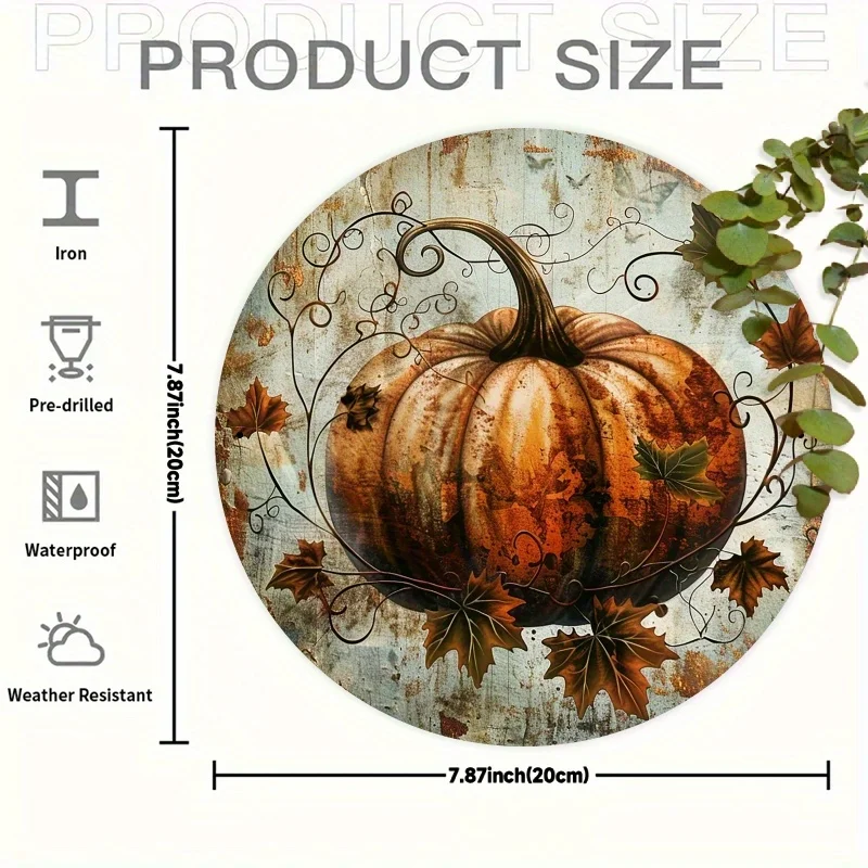 1pc Vintage Autumn Pumpkin Metal Wall Art Sign - 7.87x7.87 inches Round Iron Decor, Rustic Fall Theme with Leaves and Swirls, Pe