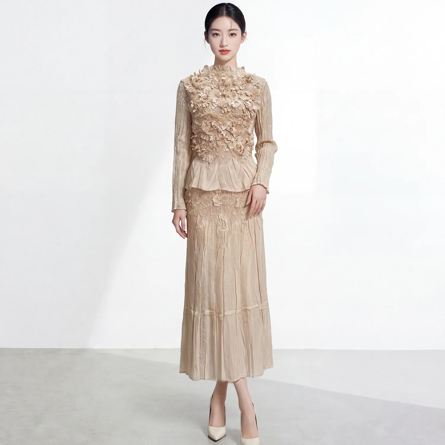 

Miyake Women's Elegant 2 Pieces Solid Color Embroidered Pleated Long Sleeve T-Shirt High Waist Folded Fashion Casual Skirt