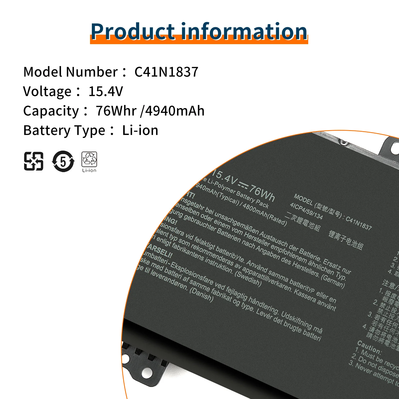 بطارية كمبيوتر محمول C41N1837 0b20003380100 لـ GU502GU ، GU502GV ، GU532GU ، GX502GV ، GX502GW ، وضع V ، 76Wh